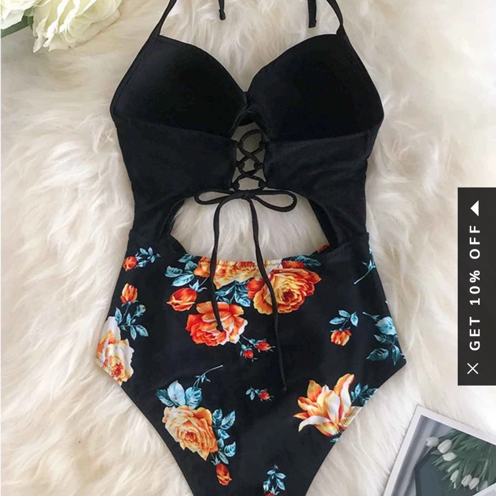 Orange floral lace-up halter One-piece swimsuit